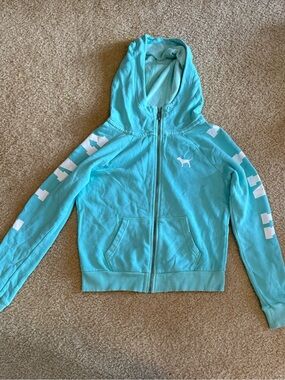 PINK Women’s Light Teal Zip-Up Hoodie Jacket with Logo